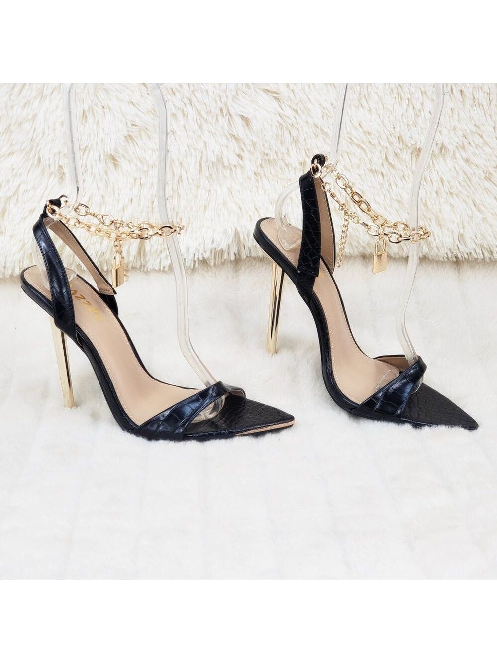 Nicely Lock Chain Strap High Heels Metal Toe Tip Black